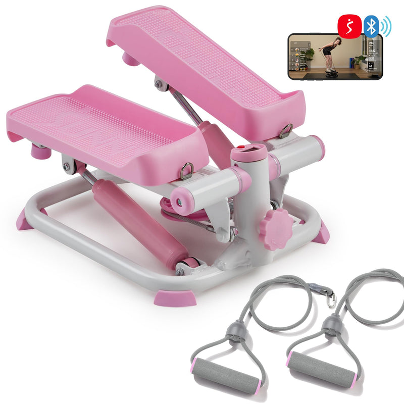 Smart Mini Stepper with Resistance Bands – Compact Pink Cardio Machine with App Tracking, Quiet Hydraulic System & 330lb Capacity